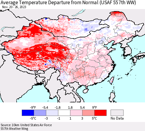 China, Mongolia and Taiwan Average Temperature Departure from Normal (USAF 557th WW) Thematic Map For 11/20/2023 - 11/26/2023