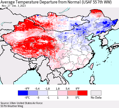 China, Mongolia and Taiwan Average Temperature Departure from Normal (USAF 557th WW) Thematic Map For 11/27/2023 - 12/3/2023