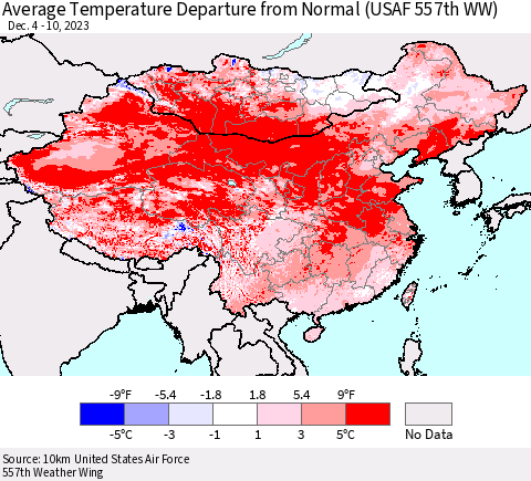 China, Mongolia and Taiwan Average Temperature Departure from Normal (USAF 557th WW) Thematic Map For 12/4/2023 - 12/10/2023