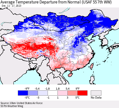 China, Mongolia and Taiwan Average Temperature Departure from Normal (USAF 557th WW) Thematic Map For 12/11/2023 - 12/17/2023