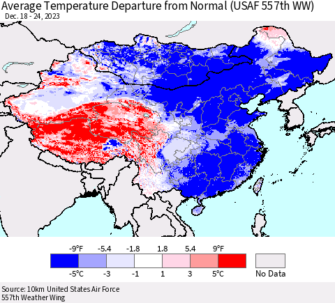 China, Mongolia and Taiwan Average Temperature Departure from Normal (USAF 557th WW) Thematic Map For 12/18/2023 - 12/24/2023