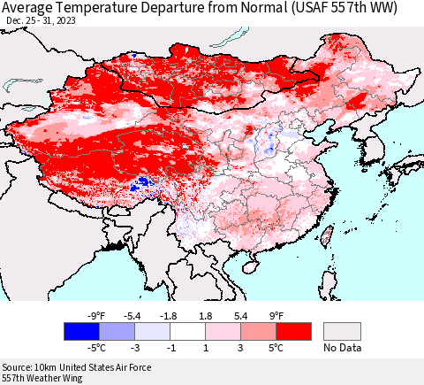 China, Mongolia and Taiwan Average Temperature Departure from Normal (USAF 557th WW) Thematic Map For 12/25/2023 - 12/31/2023