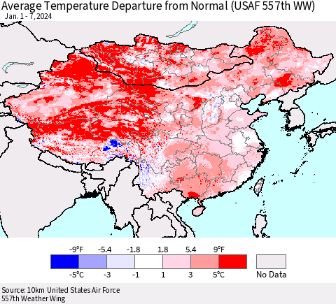 China, Mongolia and Taiwan Average Temperature Departure from Normal (USAF 557th WW) Thematic Map For 1/1/2024 - 1/7/2024