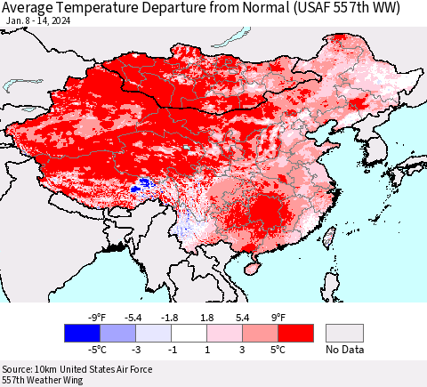 China, Mongolia and Taiwan Average Temperature Departure from Normal (USAF 557th WW) Thematic Map For 1/8/2024 - 1/14/2024
