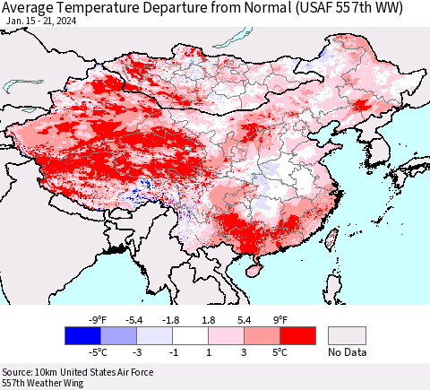China, Mongolia and Taiwan Average Temperature Departure from Normal (USAF 557th WW) Thematic Map For 1/15/2024 - 1/21/2024