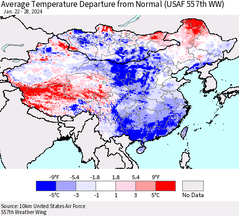 China, Mongolia and Taiwan Average Temperature Departure from Normal (USAF 557th WW) Thematic Map For 1/22/2024 - 1/28/2024