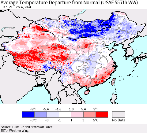 China, Mongolia and Taiwan Average Temperature Departure from Normal (USAF 557th WW) Thematic Map For 1/29/2024 - 2/4/2024