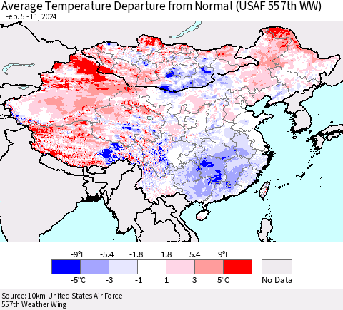 China, Mongolia and Taiwan Average Temperature Departure from Normal (USAF 557th WW) Thematic Map For 2/5/2024 - 2/11/2024