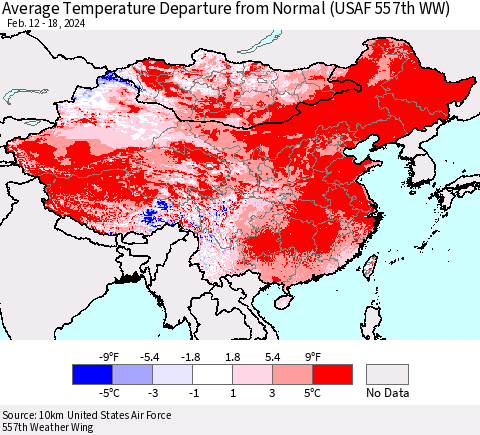 China, Mongolia and Taiwan Average Temperature Departure from Normal (USAF 557th WW) Thematic Map For 2/12/2024 - 2/18/2024