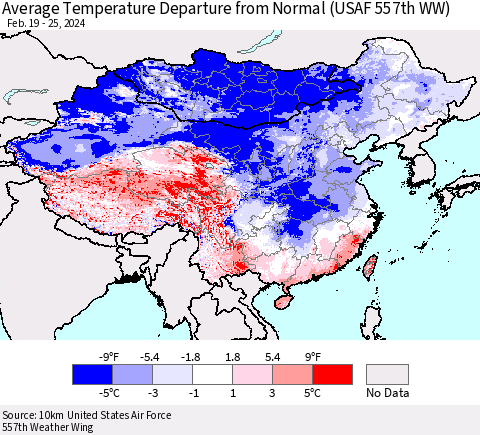 China, Mongolia and Taiwan Average Temperature Departure from Normal (USAF 557th WW) Thematic Map For 2/19/2024 - 2/25/2024