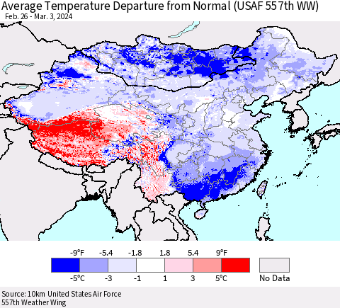 China, Mongolia and Taiwan Average Temperature Departure from Normal (USAF 557th WW) Thematic Map For 2/26/2024 - 3/3/2024