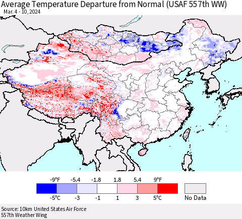 China, Mongolia and Taiwan Average Temperature Departure from Normal (USAF 557th WW) Thematic Map For 3/4/2024 - 3/10/2024