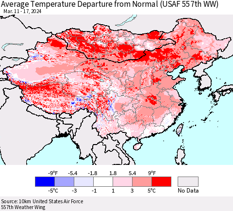 China, Mongolia and Taiwan Average Temperature Departure from Normal (USAF 557th WW) Thematic Map For 3/11/2024 - 3/17/2024