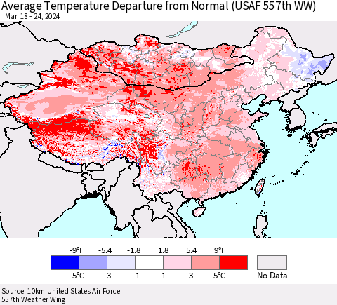China, Mongolia and Taiwan Average Temperature Departure from Normal (USAF 557th WW) Thematic Map For 3/18/2024 - 3/24/2024