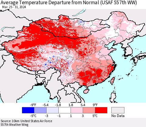 China, Mongolia and Taiwan Average Temperature Departure from Normal (USAF 557th WW) Thematic Map For 3/25/2024 - 3/31/2024