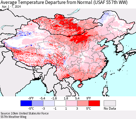 China, Mongolia and Taiwan Average Temperature Departure from Normal (USAF 557th WW) Thematic Map For 4/1/2024 - 4/7/2024