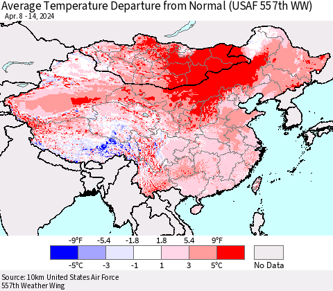 China, Mongolia and Taiwan Average Temperature Departure from Normal (USAF 557th WW) Thematic Map For 4/8/2024 - 4/14/2024