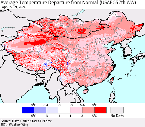 China, Mongolia and Taiwan Average Temperature Departure from Normal (USAF 557th WW) Thematic Map For 4/15/2024 - 4/21/2024