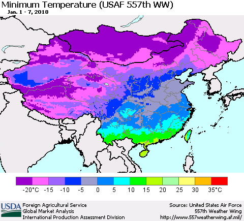 China, Mongolia and Taiwan Mean Minimum Temperature (USAF 557th WW) Thematic Map For 1/1/2018 - 1/7/2018