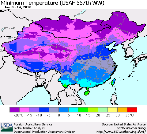 China, Mongolia and Taiwan Mean Minimum Temperature (USAF 557th WW) Thematic Map For 1/8/2018 - 1/14/2018