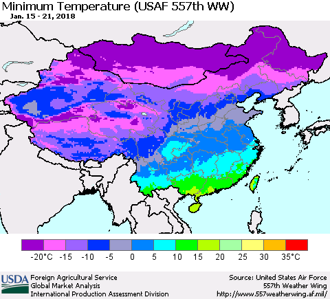 China, Mongolia and Taiwan Mean Minimum Temperature (USAF 557th WW) Thematic Map For 1/15/2018 - 1/21/2018
