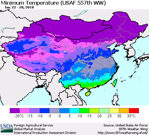 China, Mongolia and Taiwan Mean Minimum Temperature (USAF 557th WW) Thematic Map For 1/22/2018 - 1/28/2018