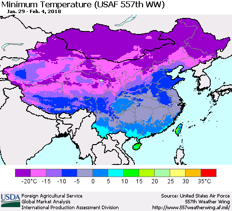 China, Mongolia and Taiwan Mean Minimum Temperature (USAF 557th WW) Thematic Map For 1/29/2018 - 2/4/2018
