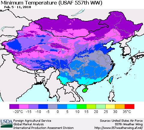 China, Mongolia and Taiwan Mean Minimum Temperature (USAF 557th WW) Thematic Map For 2/5/2018 - 2/11/2018