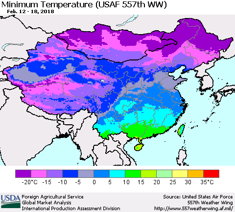 China, Mongolia and Taiwan Mean Minimum Temperature (USAF 557th WW) Thematic Map For 2/12/2018 - 2/18/2018