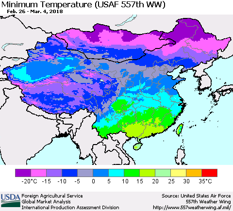 China, Mongolia and Taiwan Mean Minimum Temperature (USAF 557th WW) Thematic Map For 2/26/2018 - 3/4/2018