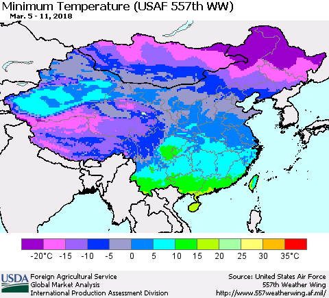 China, Mongolia and Taiwan Mean Minimum Temperature (USAF 557th WW) Thematic Map For 3/5/2018 - 3/11/2018
