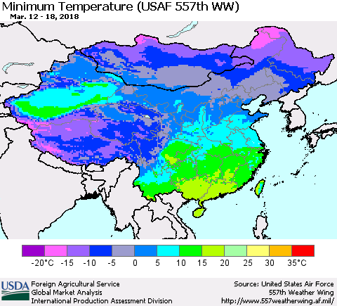 China, Mongolia and Taiwan Mean Minimum Temperature (USAF 557th WW) Thematic Map For 3/12/2018 - 3/18/2018