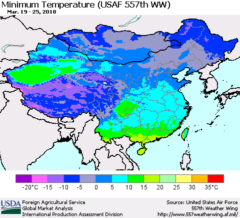 China, Mongolia and Taiwan Mean Minimum Temperature (USAF 557th WW) Thematic Map For 3/19/2018 - 3/25/2018