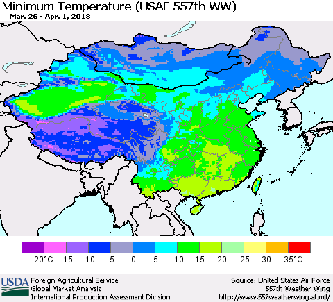 China, Mongolia and Taiwan Mean Minimum Temperature (USAF 557th WW) Thematic Map For 3/26/2018 - 4/1/2018