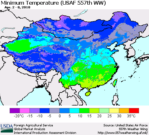 China, Mongolia and Taiwan Mean Minimum Temperature (USAF 557th WW) Thematic Map For 4/2/2018 - 4/8/2018