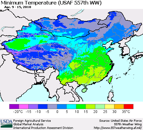 China, Mongolia and Taiwan Mean Minimum Temperature (USAF 557th WW) Thematic Map For 4/9/2018 - 4/15/2018