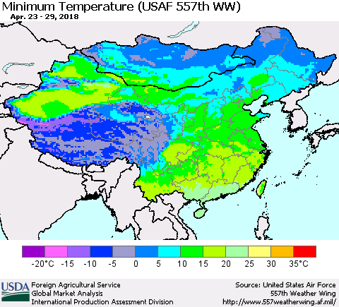 China, Mongolia and Taiwan Mean Minimum Temperature (USAF 557th WW) Thematic Map For 4/23/2018 - 4/29/2018