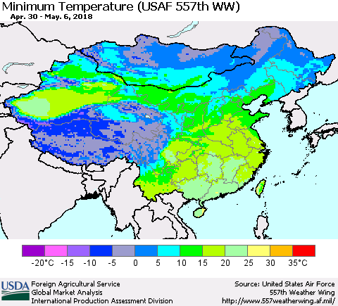 China, Mongolia and Taiwan Mean Minimum Temperature (USAF 557th WW) Thematic Map For 4/30/2018 - 5/6/2018