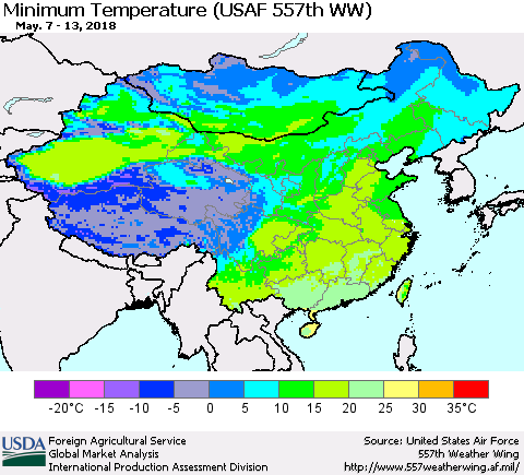 China, Mongolia and Taiwan Mean Minimum Temperature (USAF 557th WW) Thematic Map For 5/7/2018 - 5/13/2018