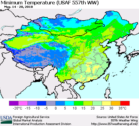 China, Mongolia and Taiwan Mean Minimum Temperature (USAF 557th WW) Thematic Map For 5/14/2018 - 5/20/2018