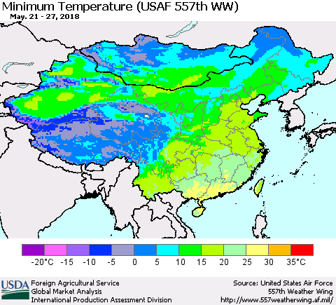 China, Mongolia and Taiwan Mean Minimum Temperature (USAF 557th WW) Thematic Map For 5/21/2018 - 5/27/2018