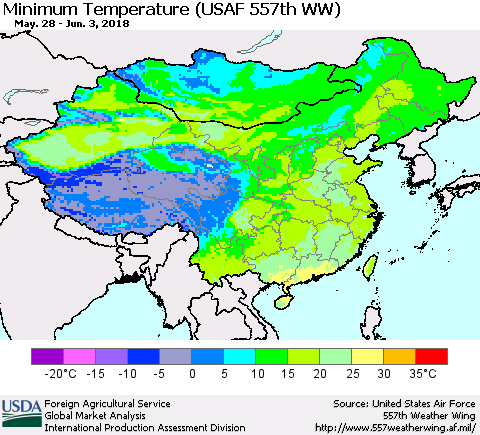 China, Mongolia and Taiwan Mean Minimum Temperature (USAF 557th WW) Thematic Map For 5/28/2018 - 6/3/2018