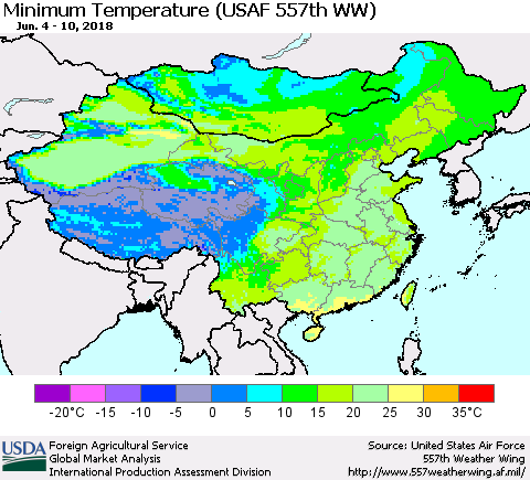 China, Mongolia and Taiwan Mean Minimum Temperature (USAF 557th WW) Thematic Map For 6/4/2018 - 6/10/2018