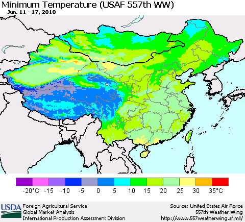 China, Mongolia and Taiwan Mean Minimum Temperature (USAF 557th WW) Thematic Map For 6/11/2018 - 6/17/2018