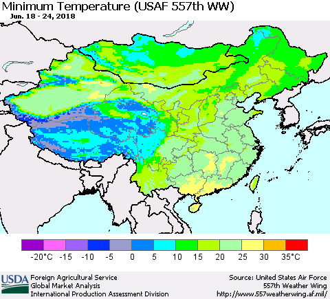 China, Mongolia and Taiwan Mean Minimum Temperature (USAF 557th WW) Thematic Map For 6/18/2018 - 6/24/2018