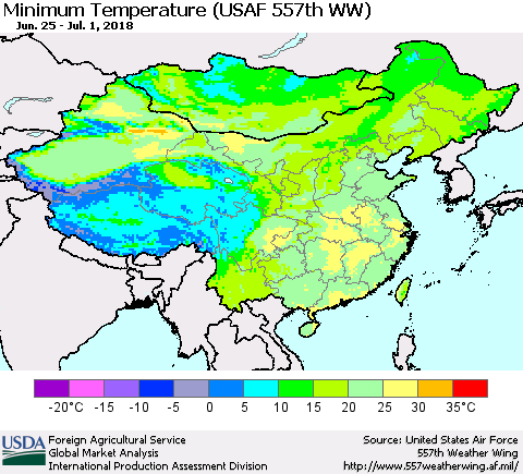 China, Mongolia and Taiwan Mean Minimum Temperature (USAF 557th WW) Thematic Map For 6/25/2018 - 7/1/2018