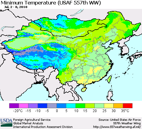China, Mongolia and Taiwan Mean Minimum Temperature (USAF 557th WW) Thematic Map For 7/2/2018 - 7/8/2018