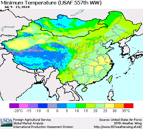 China, Mongolia and Taiwan Mean Minimum Temperature (USAF 557th WW) Thematic Map For 7/9/2018 - 7/15/2018