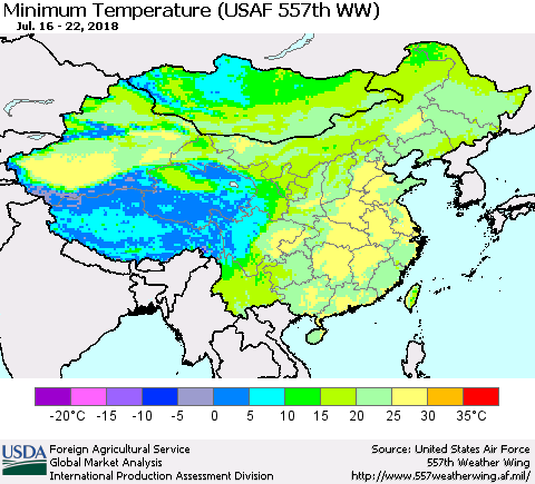 China, Mongolia and Taiwan Mean Minimum Temperature (USAF 557th WW) Thematic Map For 7/16/2018 - 7/22/2018
