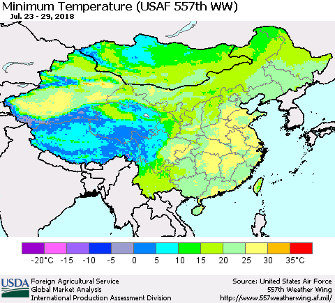 China, Mongolia and Taiwan Mean Minimum Temperature (USAF 557th WW) Thematic Map For 7/23/2018 - 7/29/2018